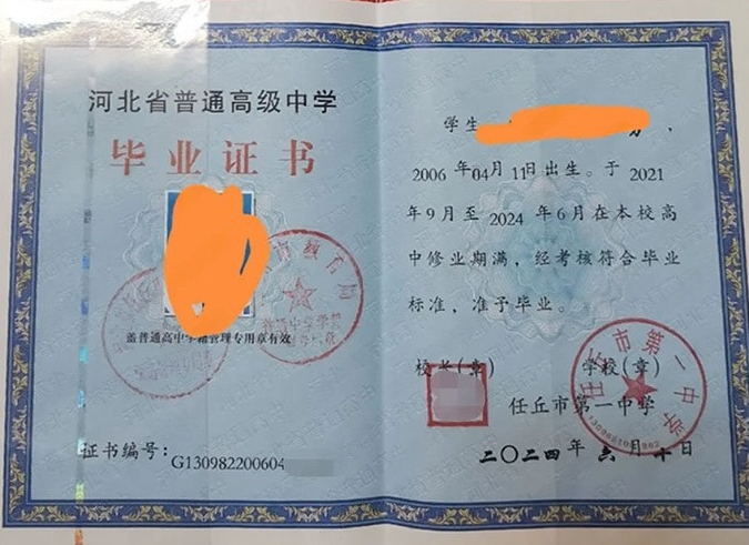 兰州任丘市第一中学高中毕业证样本图片