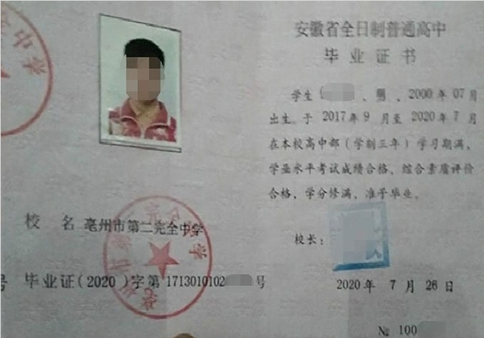 兰州亳州市第二完全中学高中毕业证样本